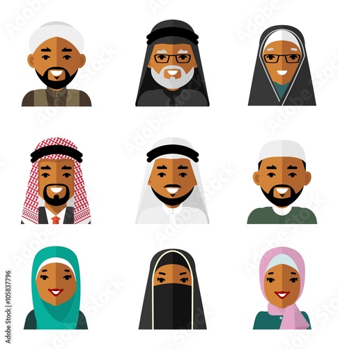 Muslim arab people characters avatars icons set in flat style isolated on white background