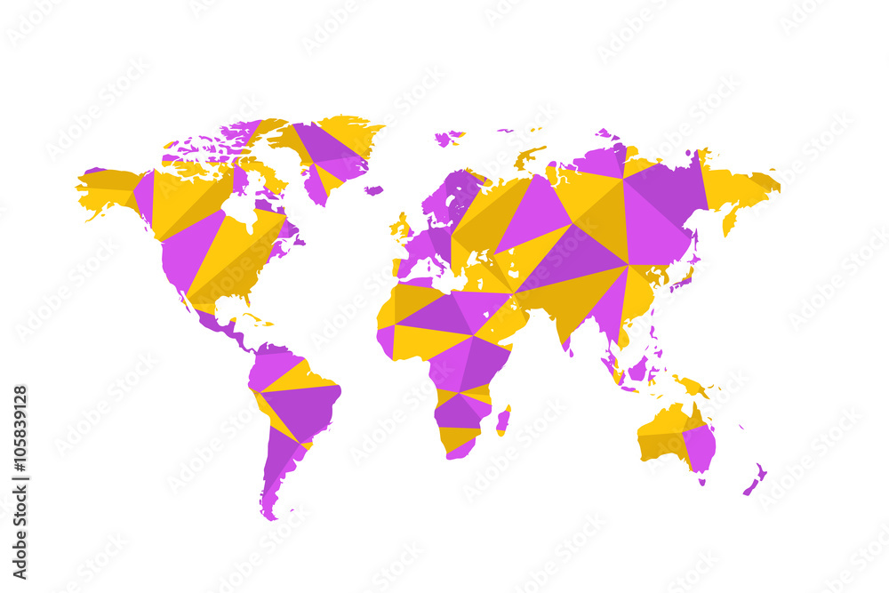 Fototapeta premium Violet and yellow triangulated world map on white