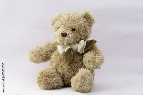 Brown teddy bear on white background.