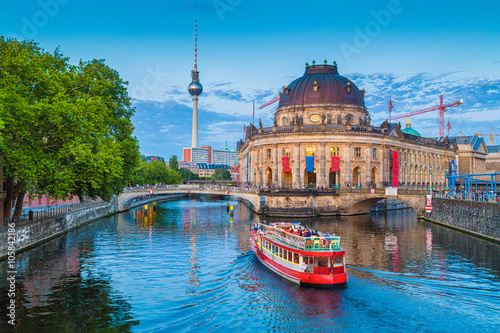 Berlin Museumsinsel with TV tower at sunset, Berlin, Germany