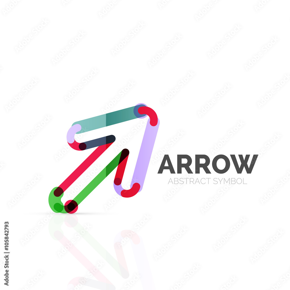 Linear arrow abstract logo, connected multicolored segments of lines in directional pointer figure Linear arrow abstract logo, connected multicolored segments of lines in directional pointer figure