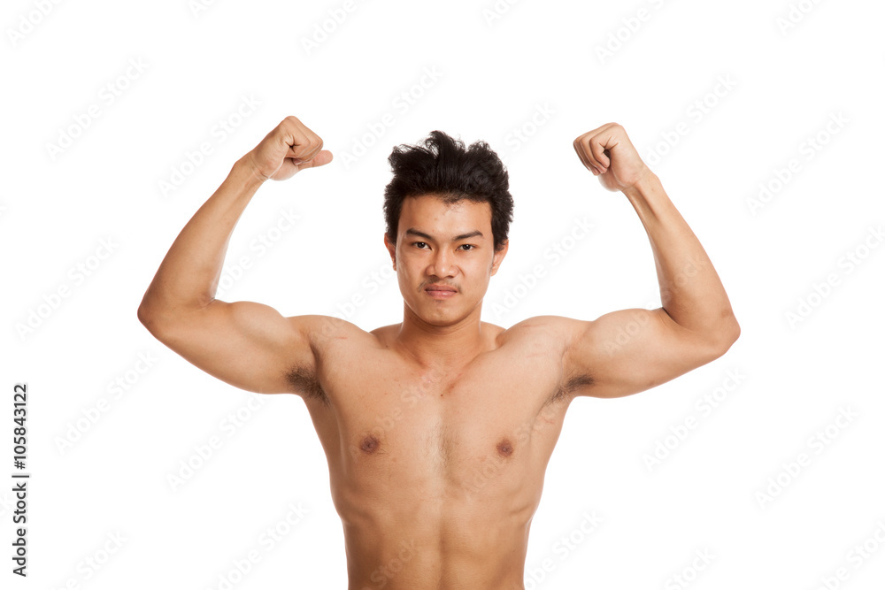 Muscular Asian man flexing biceps with both arms Muscular Asian man flexing biceps with both arms
