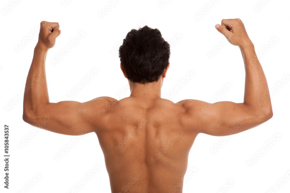 Back of muscular Asian man flexing biceps Back of muscular Asian man flexing biceps