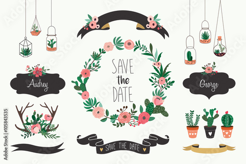 Wedding elements collection with floral wreath