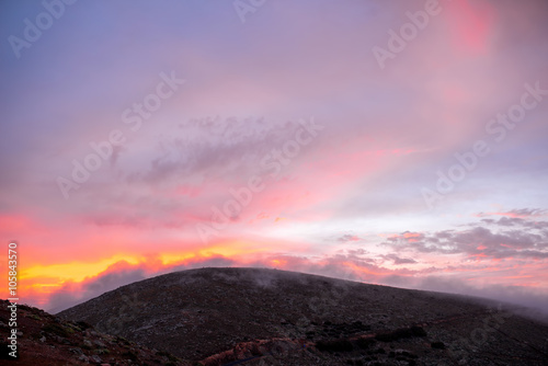 Beautiful morning landscape with burning sky and mountain on the central part of Fuerteventura island in Spain