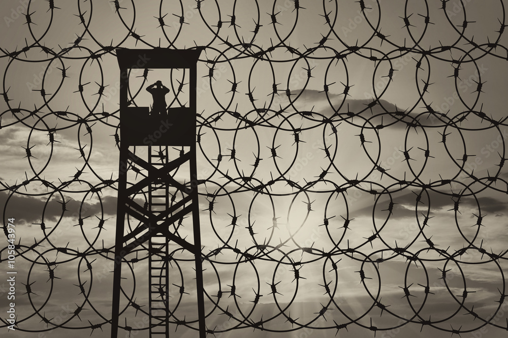 Silhouette of a lookout tower and borders Silhouette of a lookout tower and borders