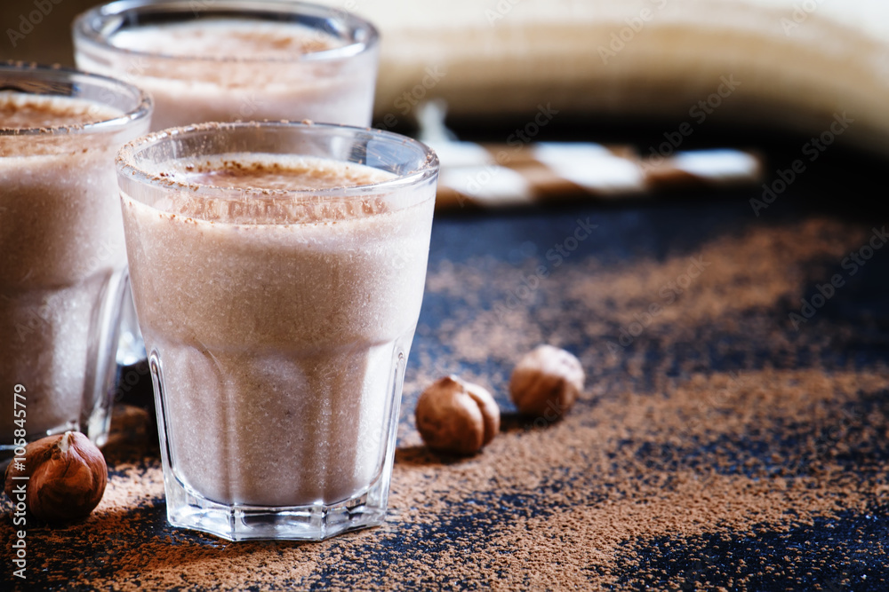 Banana nut smoothie with chocolate, selective focus Banana nut smoothie with chocolate, selective focus
