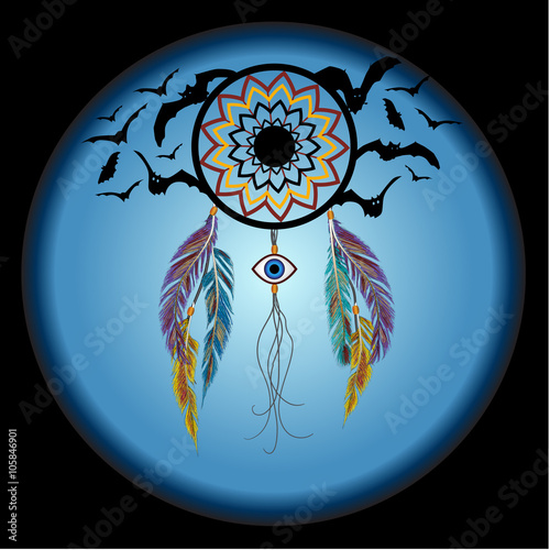 Dreams catcher with decorative feathers and bats. Amulet against the evil eye. Boho style. Indian amulet.