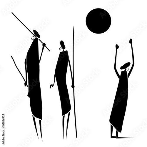 African hunters under the sun on a white background