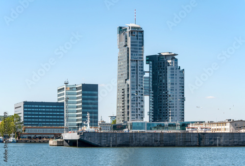 Gdynia  Poland  cityscape with the port wharf and modern buildings