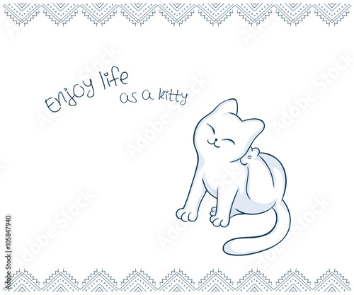 vector printable illustration of nice gift postcard with  hand drawn cute cat and inspiration funny message