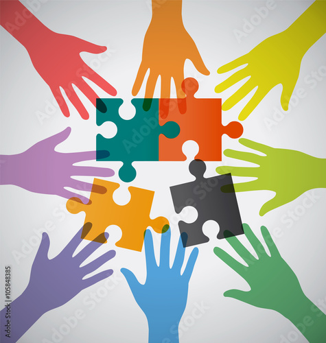 Many Teamwork People Join Colorful Hand and Sloving Problem