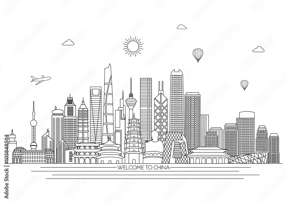 China detailed Skyline. Travel and tourism background. Vector background. line illustration. Line art style