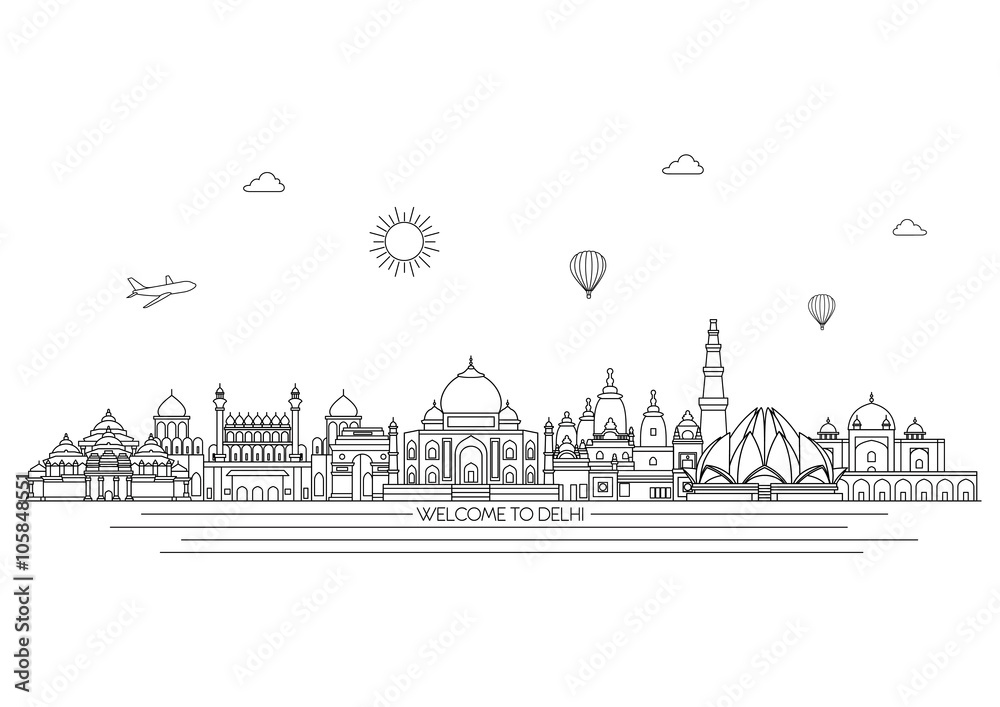Delhi detailed skyline. Travel and tourism background. Vector background. line illustration. Line art style