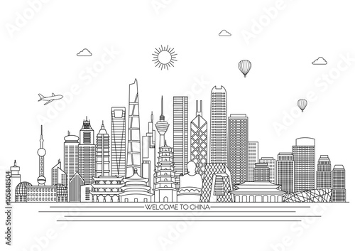 China detailed Skyline. Travel and tourism background. Vector background. line illustration. Line art style