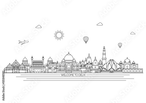 Delhi detailed skyline. Travel and tourism background. Vector background. line illustration. Line art style