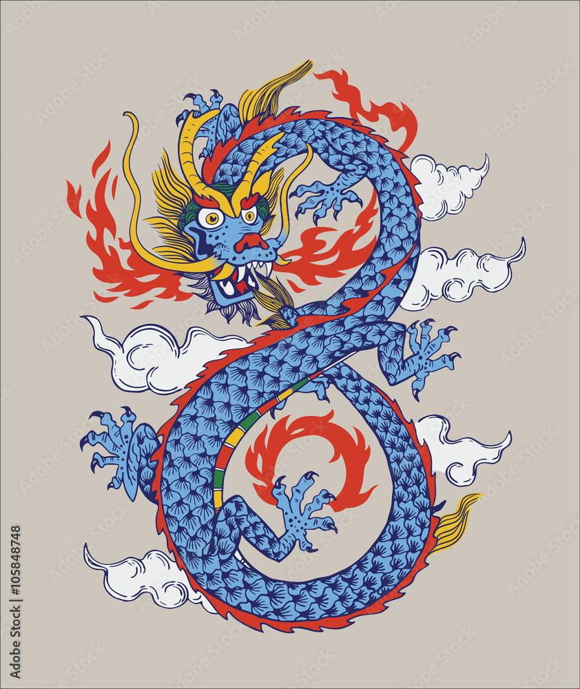 Colorful Illustration of Chinese oriental Dragon. Vector. Isolated. 