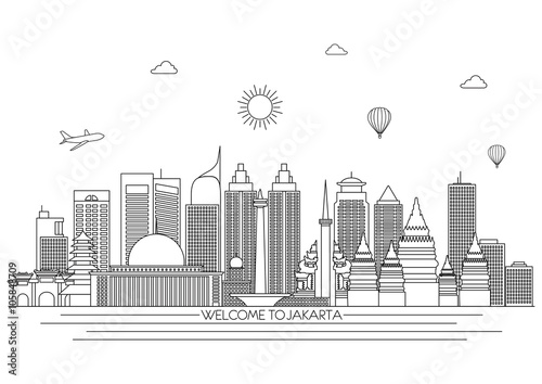 Jakarta detailed Skyline. Travel and tourism background. Vector background. line illustration. Line art style