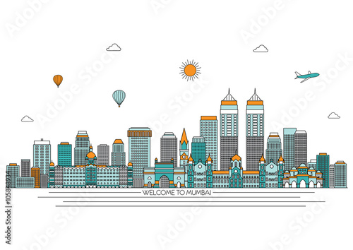 Mumbai detailed skyline. Travel and tourism background. Vector background. line illustration. Line art style