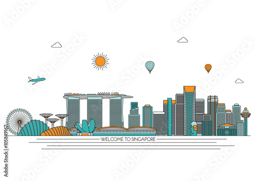 detailed Skyline. Travel and tourism background. Vector background. line illustration. Line art style