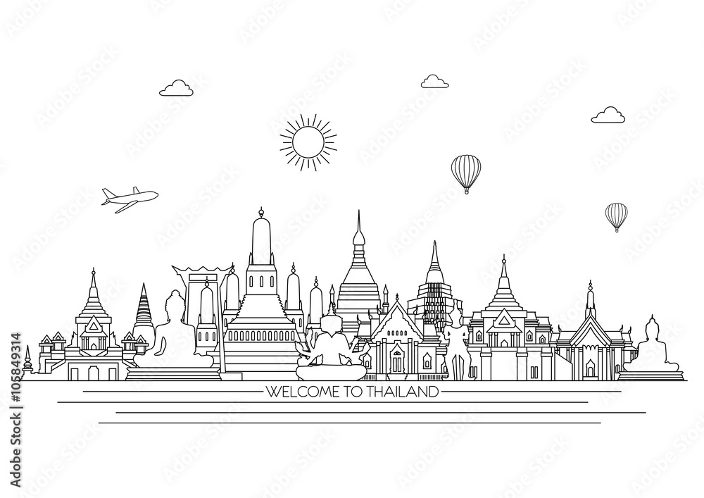 Naklejka premium Thailand detailed Skyline. Travel and tourism background. Vector background. line illustration. Line art style
