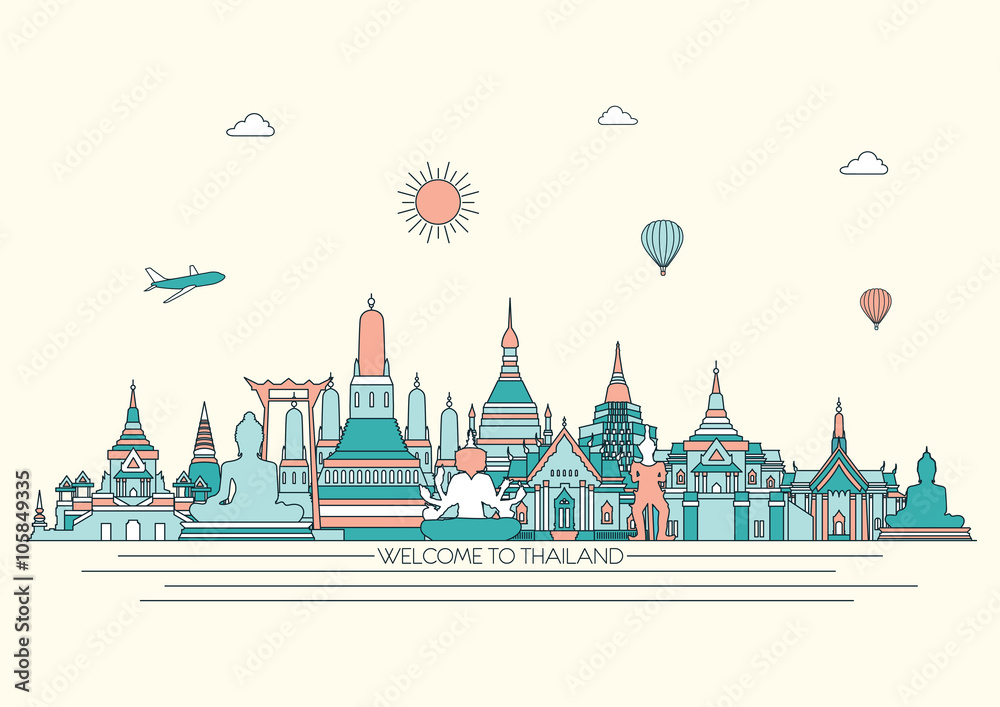 Fototapeta premium Thailand detailed Skyline. Travel and tourism background. Vector background. line illustration. Line art style