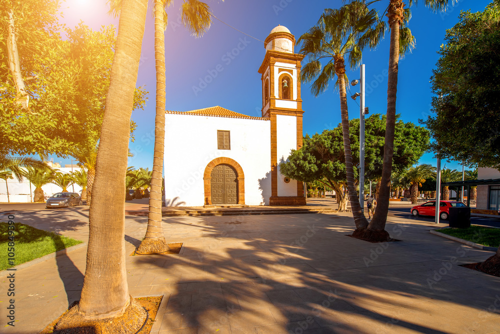 Old church in Antigua village on the central part of Fuerteventura island in Spain - obrazy, fototapety, plakaty 