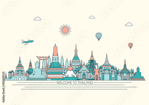 Thailand detailed Skyline. Travel and tourism background. Vector background. line illustration. Line art style