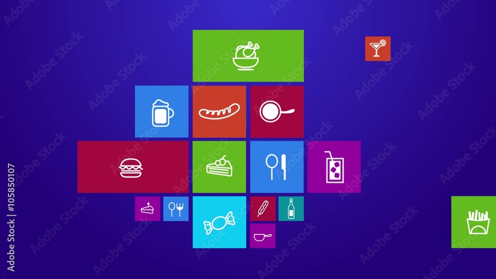 Trendy computer or mobile application app program animation of flat food and restaurant menu review icon in colorful geometric square block window background in 4k ultra hd