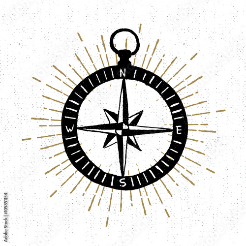 Hand drawn textured icon with compass rose vector illustration