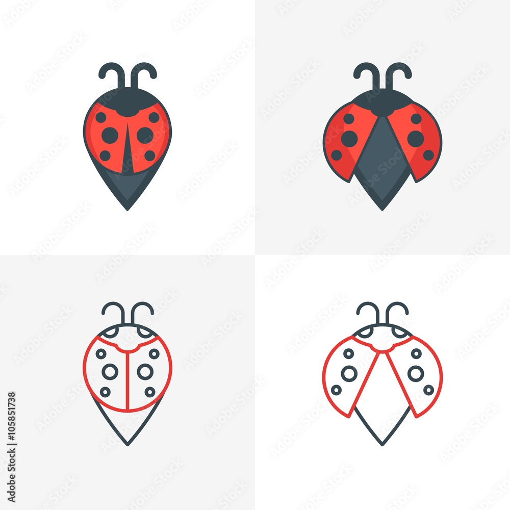 Naklejka premium Abstract ladybug point symbols. Stylized map waypoint. Set of vector logo, icon, label design elements. Outline and flat style illustration. 
