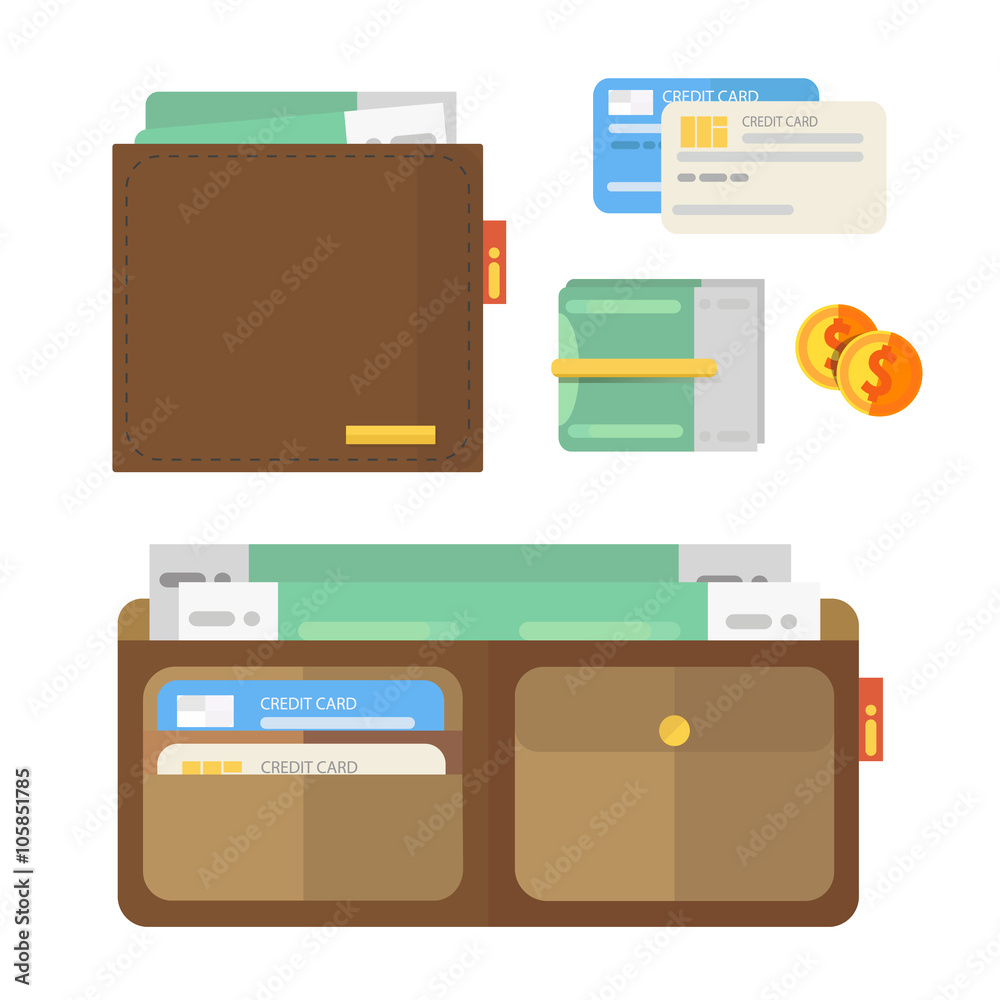 Opened and close wallet with some money, credit cards and coin.Flat style vector illustration. Opened and close wallet with some money, credit cards and coin.Flat style vector illustration.