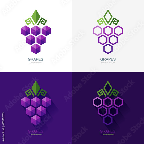 Set of vector grapes logo, icon, label elements. Flat grape isolated symbol. Geometric shape grapes vine made from hexagons. Concept for winery, wine menu. Alcohol drinks and food technology.