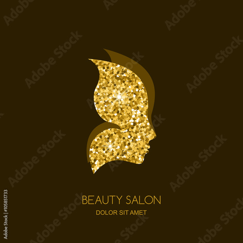 Female face in butterfly wings. Vector logo, sticker or label design element. Concept for beauty salon, cosmetics, cosmetology and spa. Golden butterfly. Women profile with gold texture background.
