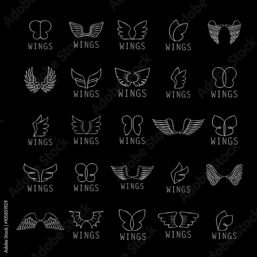 Wings Icons Set-Isolated On Black Background-Vector Illustration,Graphic Design.For Web, Websites, App, Print, Presentation Templates, Mobile Applications And Promotional Materials.Different Old Shape