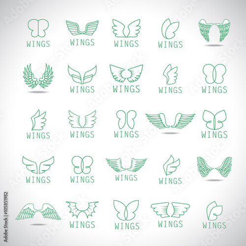 Wings Icons Set-Isolated On Gray Background-Vector Illustration,Graphic Design.For Web, Websites, App, Print, Presentation Templates, Mobile Applications And Promotional Materials.Different Old Shape