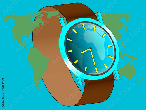 illustration of earth hour / Wrist watch displays the time of the start of earth hour, watches around the world map
