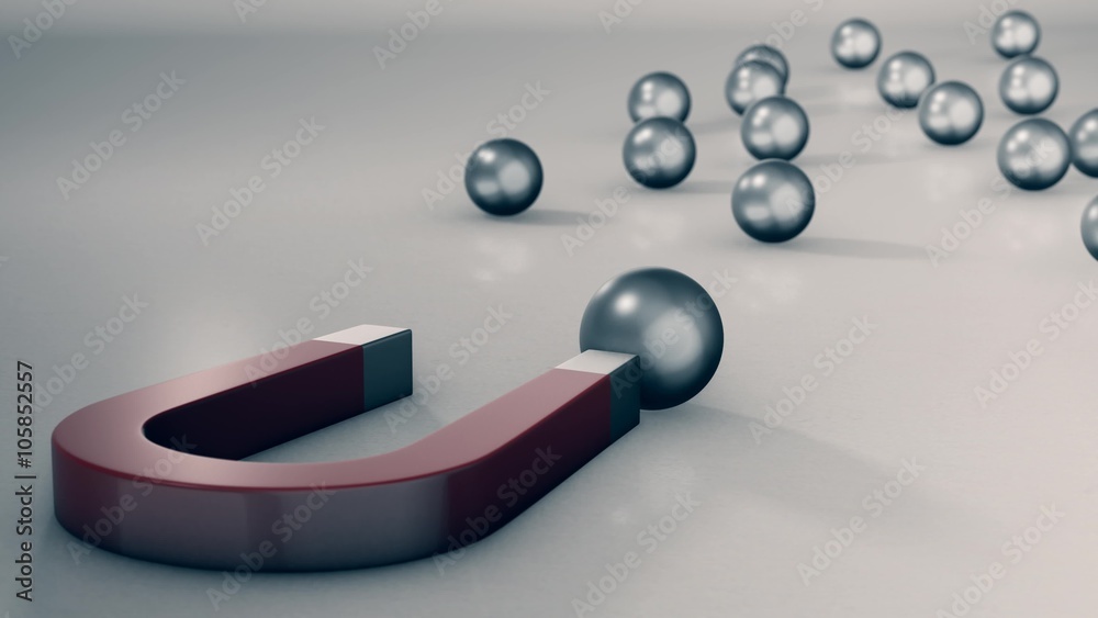 a magnet with some steel balls, one of them exceeds all the others and is pulled by the magnet, concept of competition and leadership (3d render)