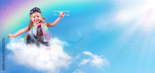 Full-Color Adventure - Child Flying On The Cloud With Airplane And Rainbow 