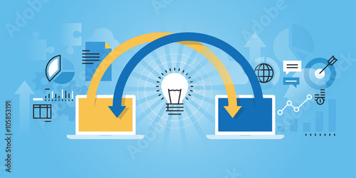 Flat line design website banner of online share ideas, online brainstorming, cooperation, teamwork. Modern vector illustration for web design, marketing and print material.