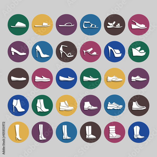 Shoes icons. Icons men and  women fashion shoes. White on colored circle with shadow