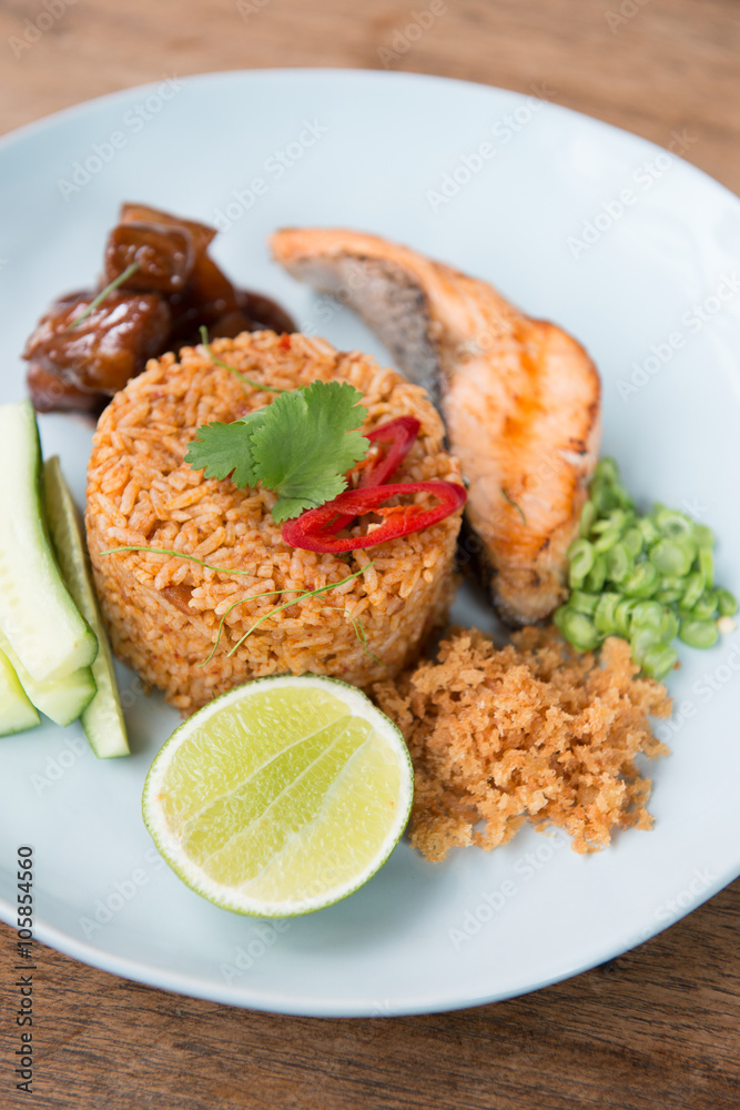Thai spicy fried rice with salmon. Thai spicy fried rice with salmon.