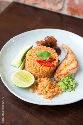 Thai spicy fried rice with salmon.