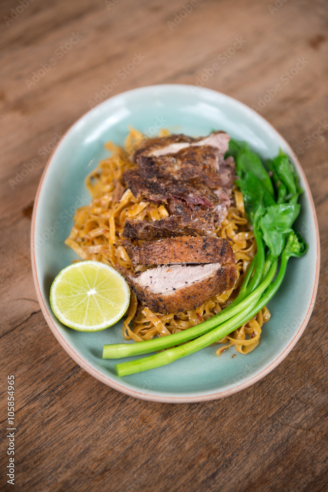 Thai fusion food, Egg noodle with grill chicken. Thai fusion food, Egg noodle with grill chicken.