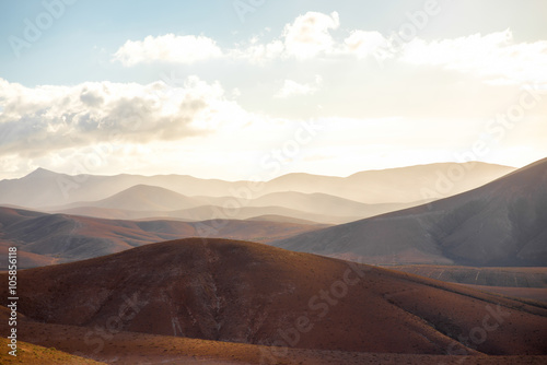 Beautiful landscape with soft mountains on the central part of Fuerteventura island in Spain