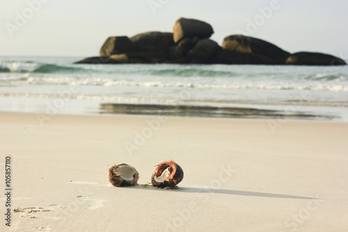 open coconut on white sand in beach