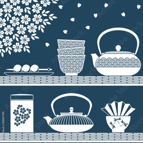 Plain colored objects for oriental tea time with teapots, cups, flowers and sweets