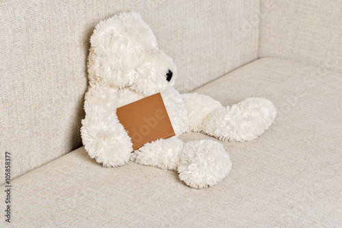 Teddy bear is sitting on the sofa