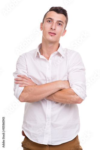Thinking man isolated on white background. Closeup portrait of a casual young pensive businessman