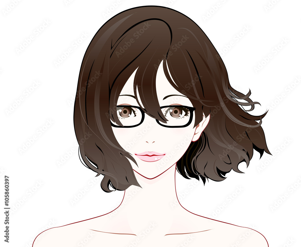 メガネをかけた女性の表情 / ヌード / なびく髪